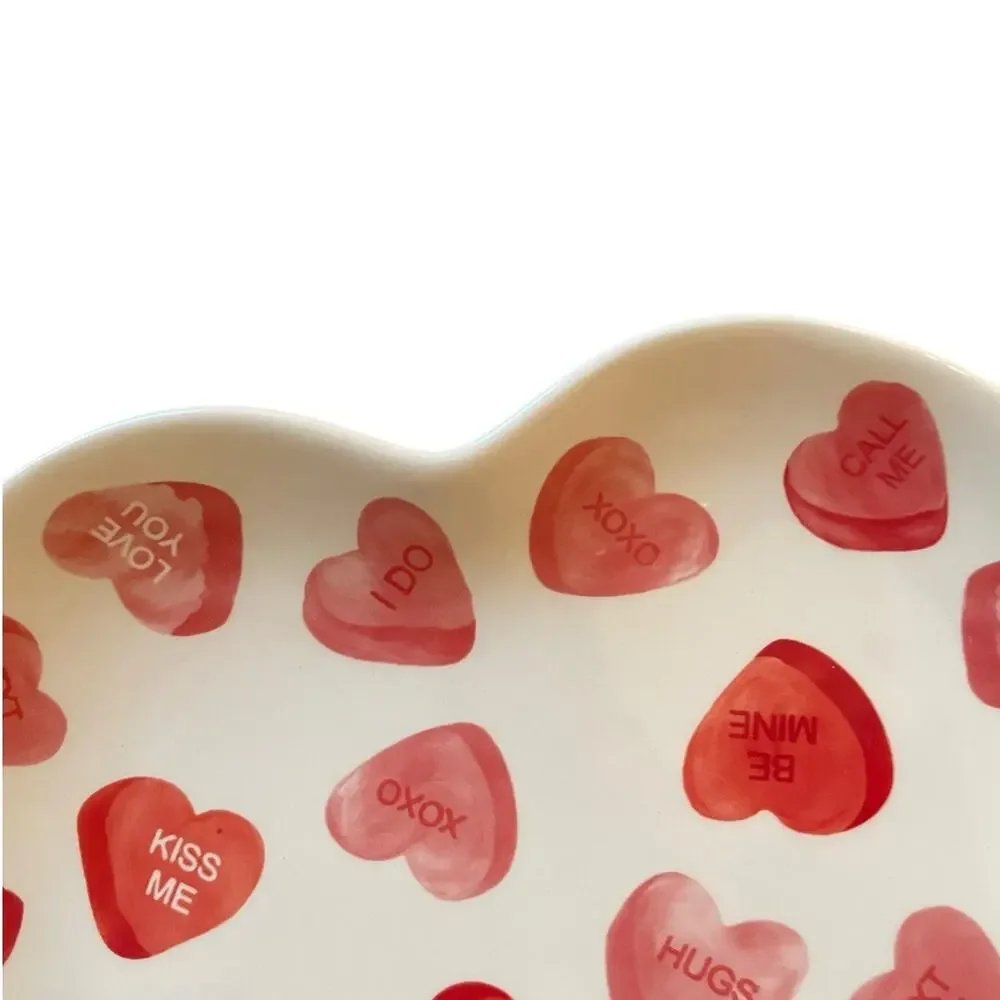 4 Maxcera Conversation Heart Valentine Dinner Plates 10in Ceramic Red & White